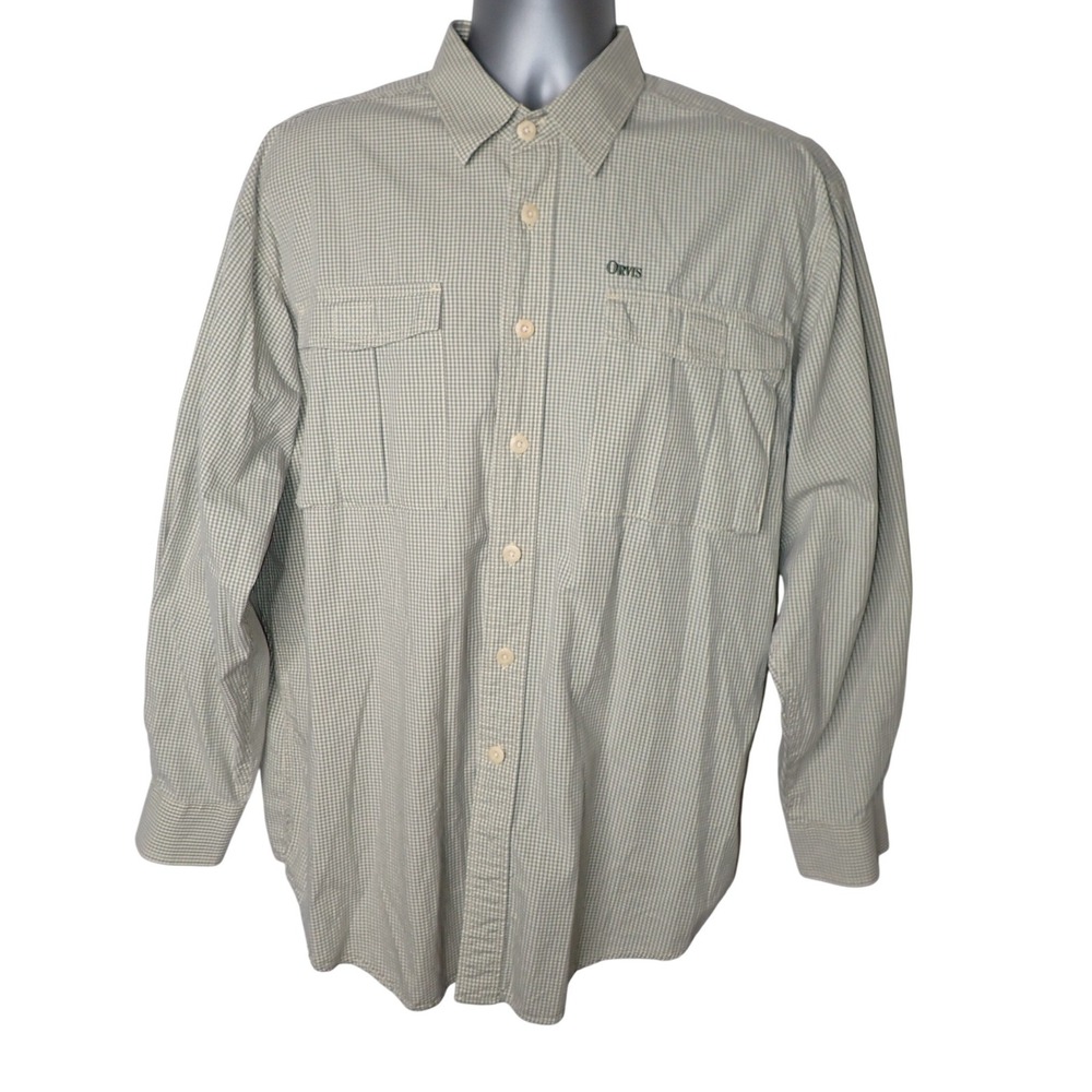 Orvis Mens Long Sleeve Fishing Shirt Micro Gingham Green M Roll Tab Vented
